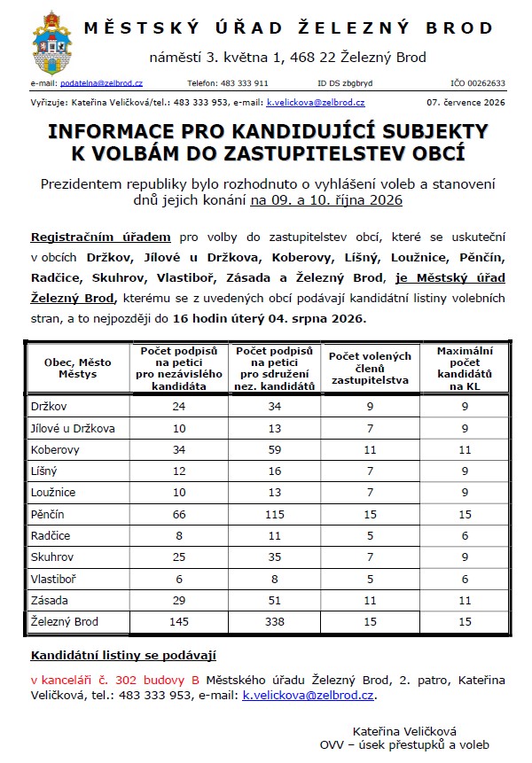 Informace pro kandidující subjekty k volbám do zastupitelstev obcí Informace pro kandidující subjekty k volbám do zastupitelstev obcí